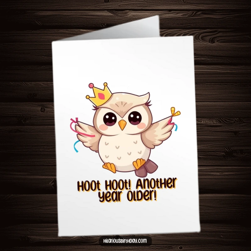 Funny Free Printable Birthday Card featuring a whimsical owl in a party crown flying with a streamer, ready for celebration.