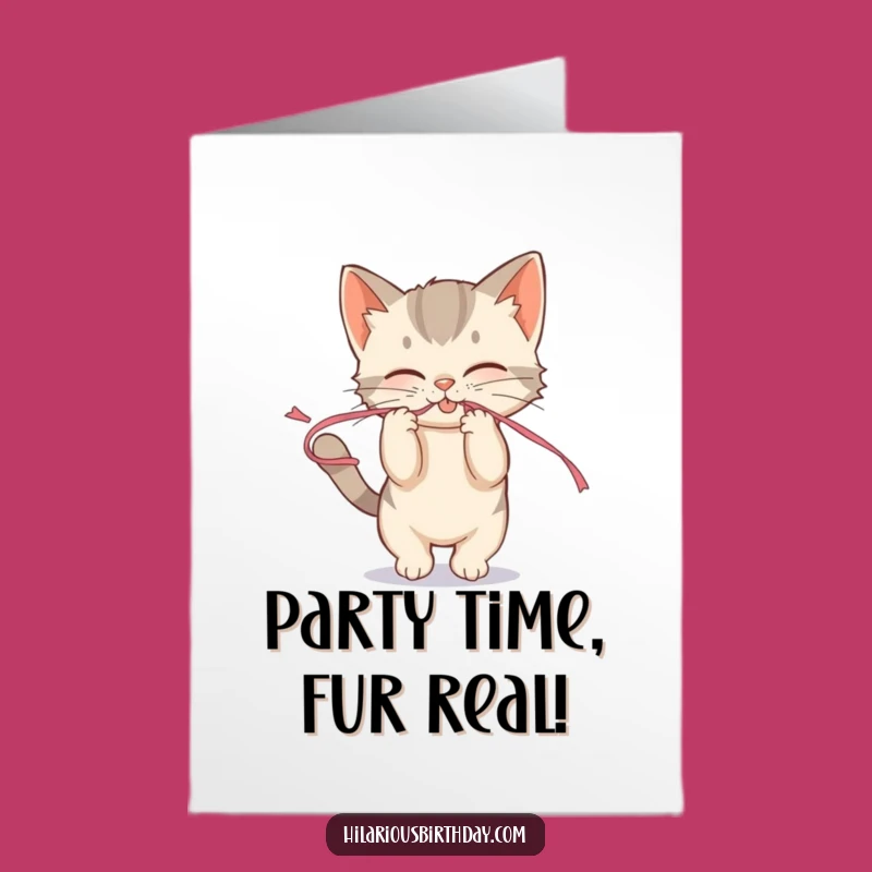 Funny Free Printable Birthday Card: Mischievous Kitten Party, Streamer Fun Greeting