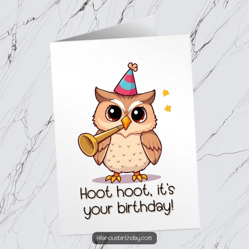 Funny Free Printable Birthday Card: A cheerful owl in a party hat, enthusiastically blowing a trumpet to announce the celebration.