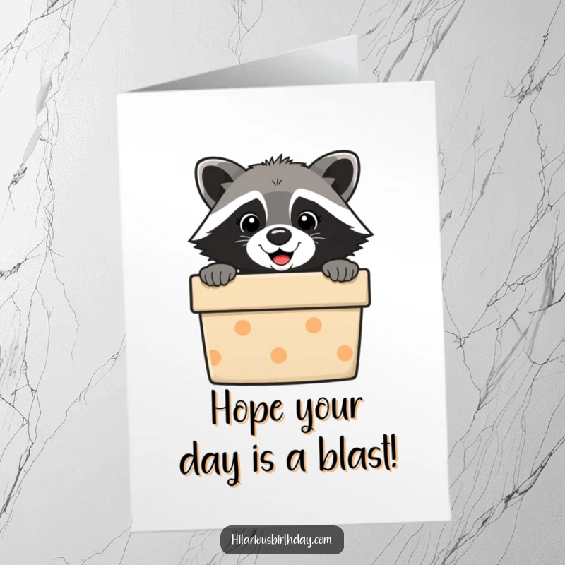 Funny Free Printable Birthday Card: Raccoon peeking out of a gift box with a sly grin, ready to party.