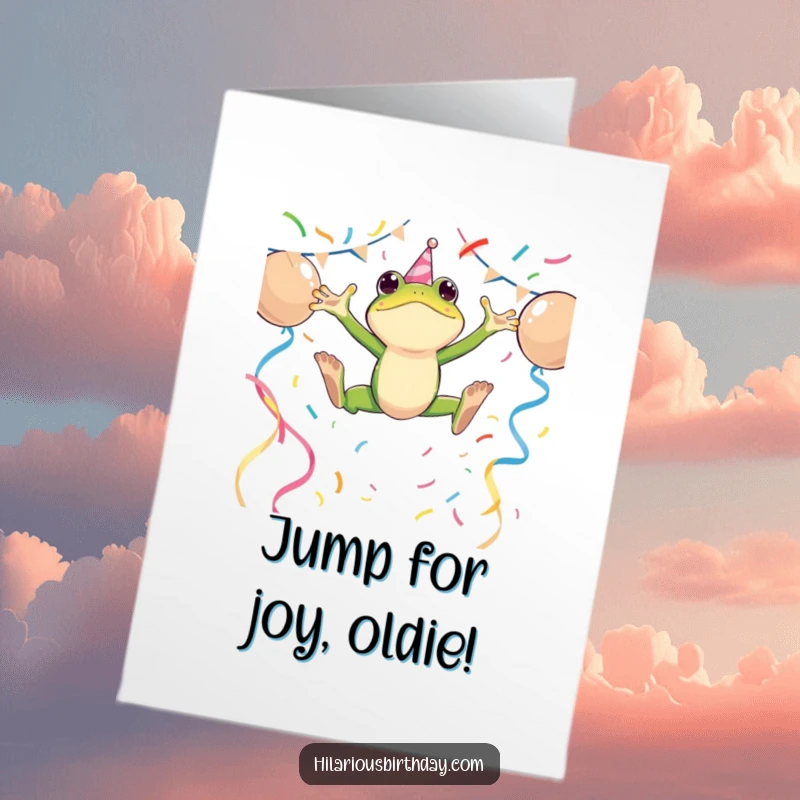 Funny Free Printable Birthday Card with an energetic frog character leaping high over colorful party streamers, full of excitement.
