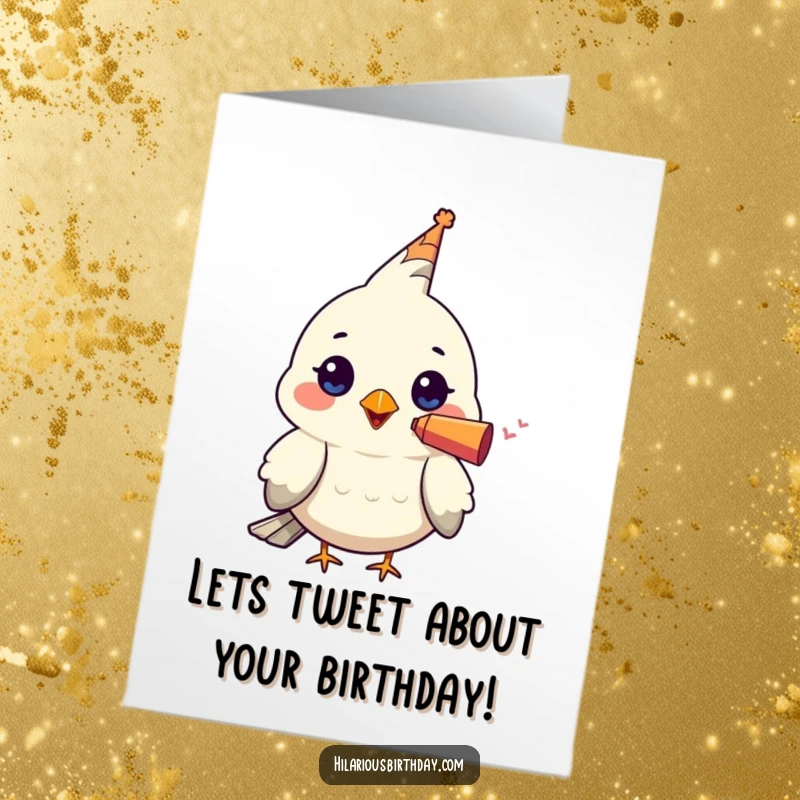 Funny Free Printable Birthday Card: Adorable kawaii bird character holding a small, colorful party blower in its beak, ready to celebrate.