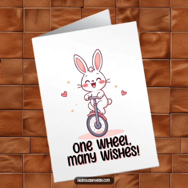Funny Free Printable Birthday Card: Cheerful rabbit gleefully riding a unicycle around a birthday cake, a cartoon illustration.