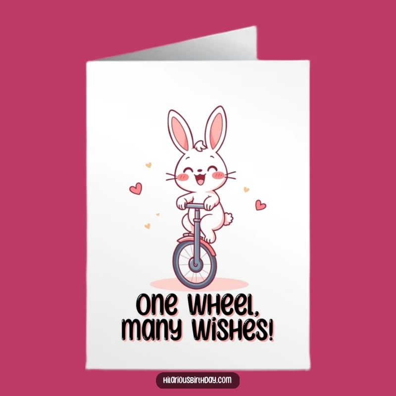 Free Printable Birthday Card: Funny Rabbit Unicycling Cake, Hilarious Downloadable Gift for Him or Her