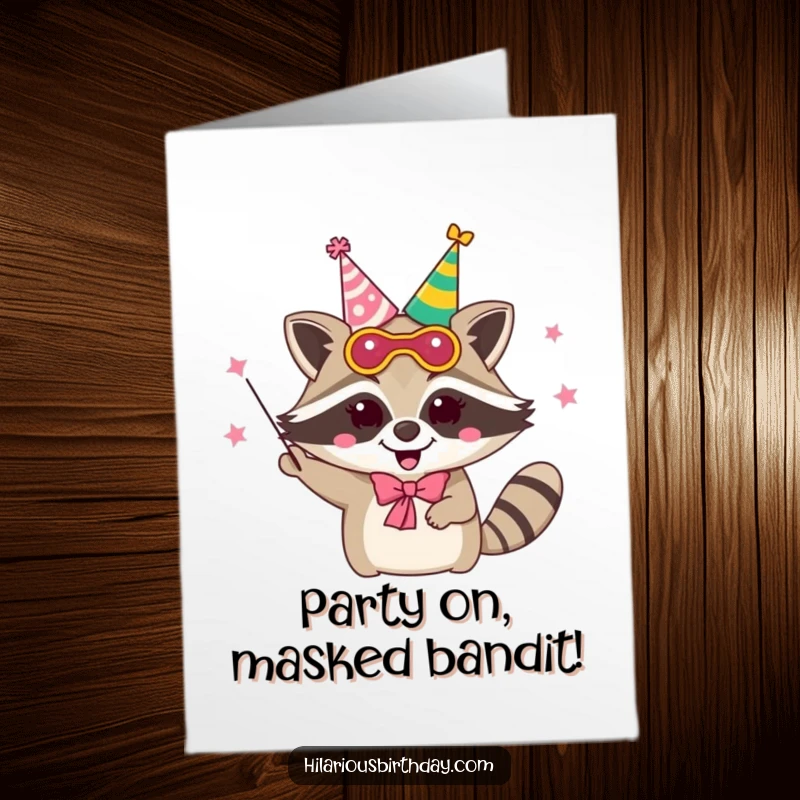 Funny Free Printable Birthday Card: A delighted raccoon in a party mask juggles party hats with festive energy.