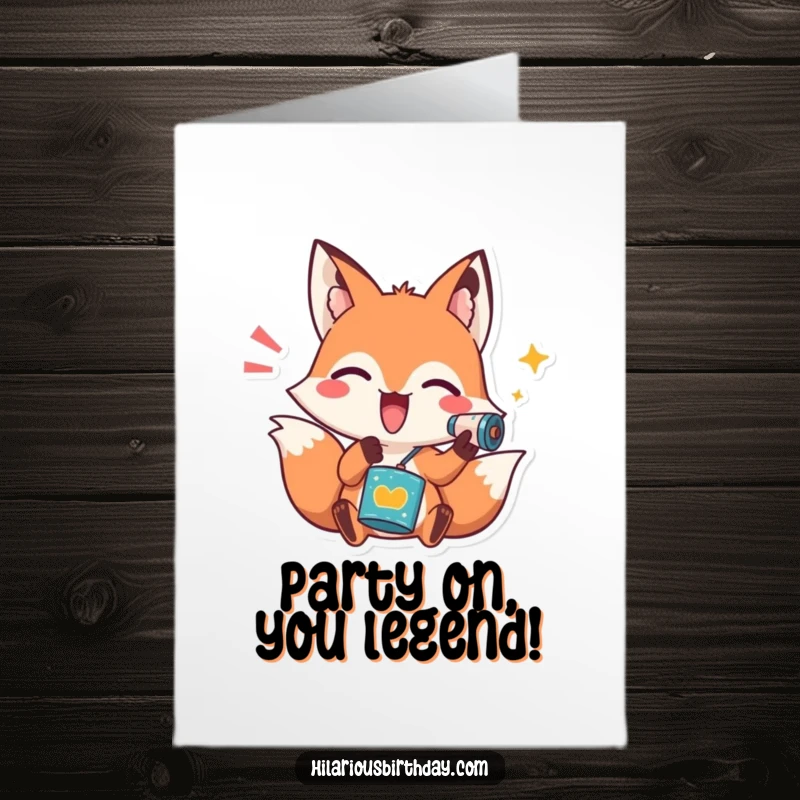 Funny Free Printable Birthday Card with a playful fox character enthusiastically shaking a noisemaker, ready for party fun.