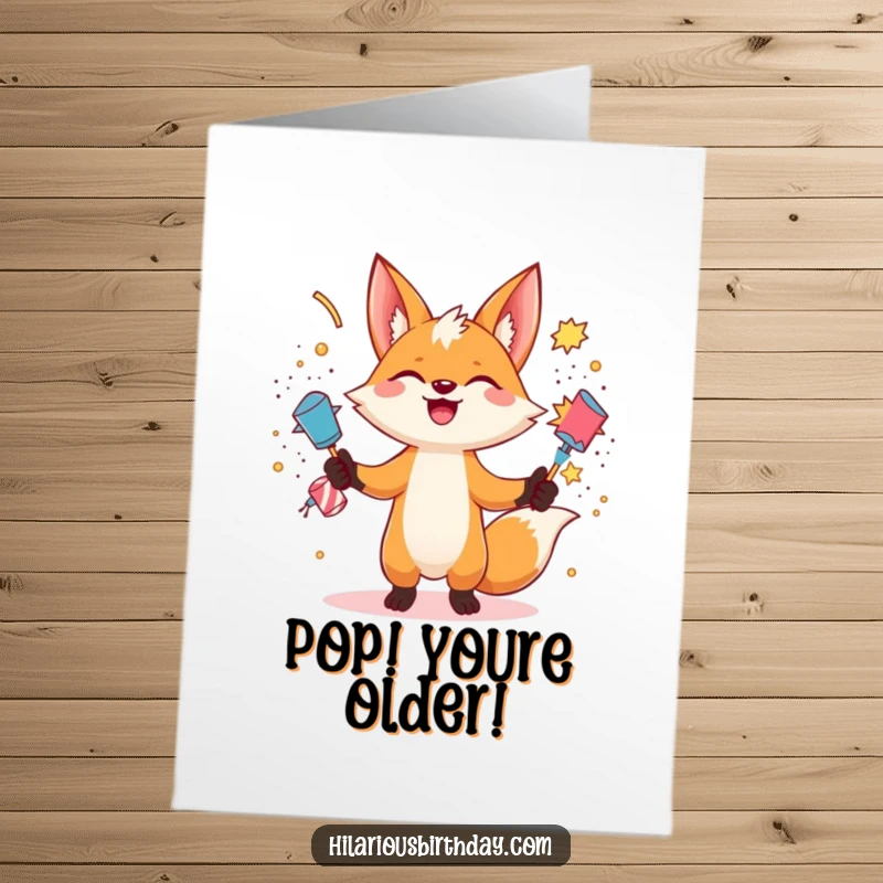 Funny Free Printable Birthday Card: A gleeful fox expertly juggles several exploding party poppers, showering confetti and joy.