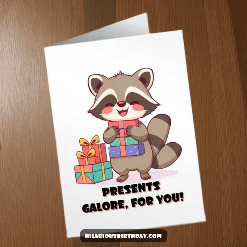 Funny Free Printable Raccoon Birthday Card: A joyful raccoon balances a tall stack of colorful birthday presents.