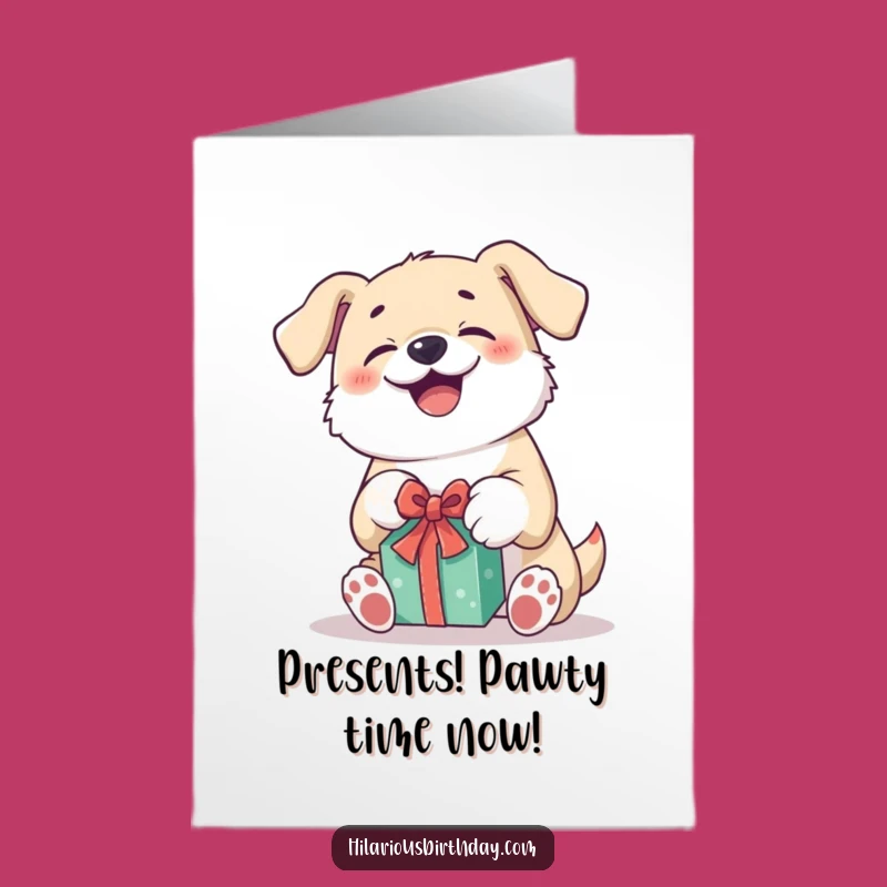 Free Printable Kawaii Dog Birthday Card: Giggling Pup Unwrapping Gift Fun Downloadable