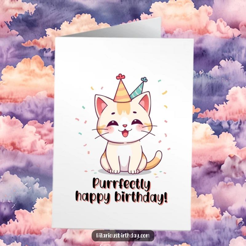 Cute Free Printable Birthday Card: A Kawaii cat in a party hat happily tossing confetti, celebrating a birthday.