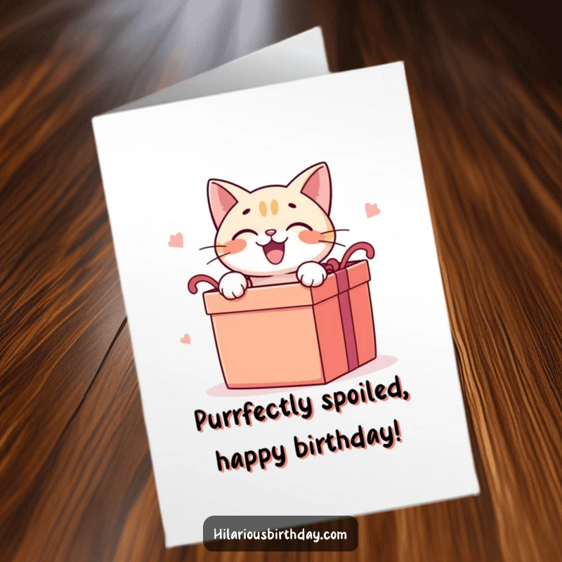 Funny free printable birthday card featuring a delighted cat with wide eyes, eagerly opening a large gift box for a surprise.