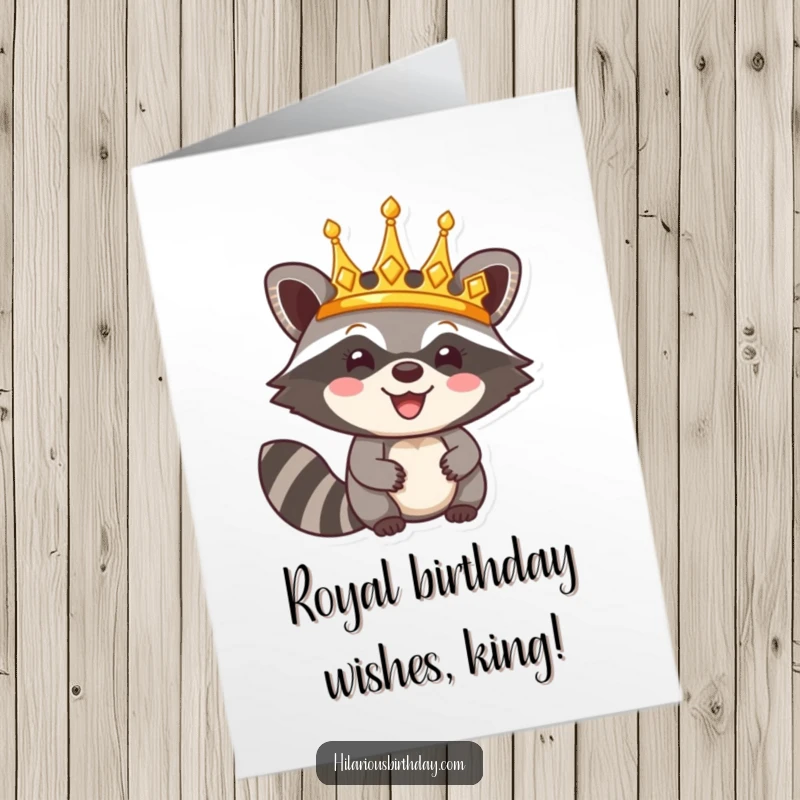 Funny Free Printable Birthday Card: Happy raccoon character wearing a shiny golden crown, celebrating a triumphant birthday.