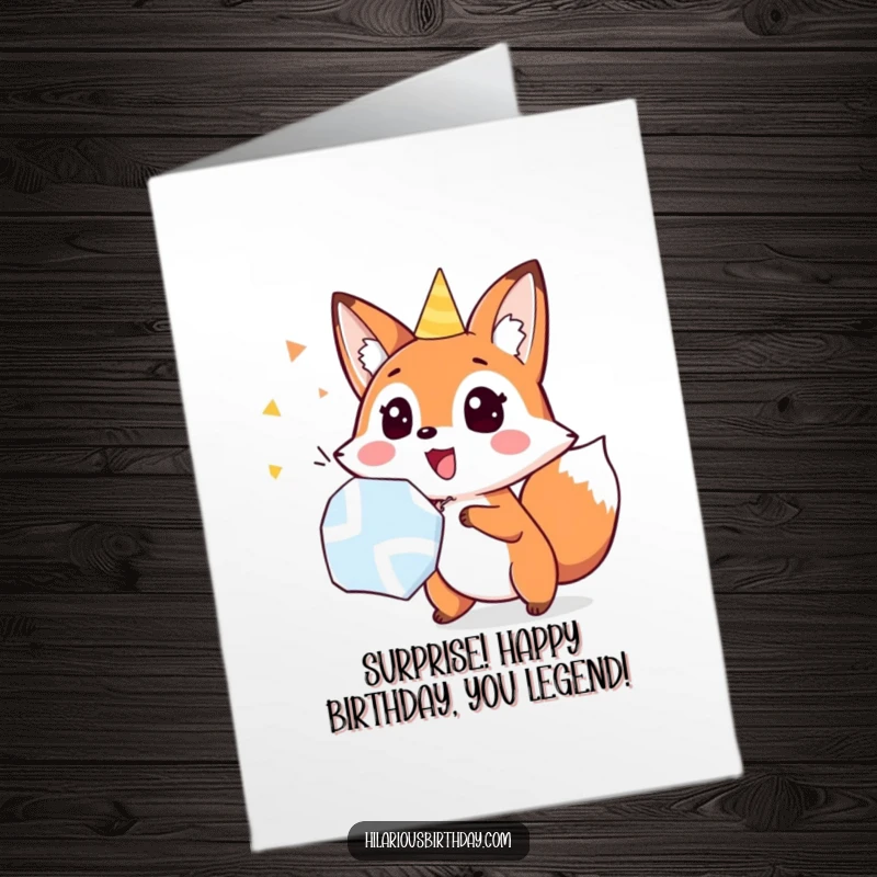Funny Free Printable Birthday Card with a fox character looking surprised as a party popper goes off with a bang.