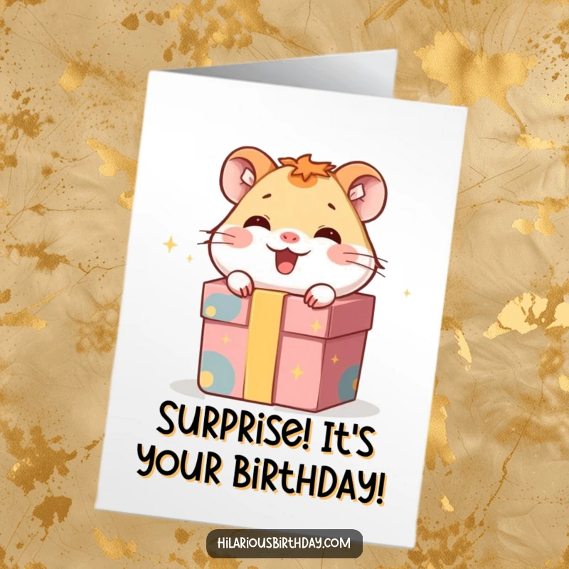 Funny Free Printable Hamster Birthday Card: A giggling hamster peeks out from a hidden gift box.