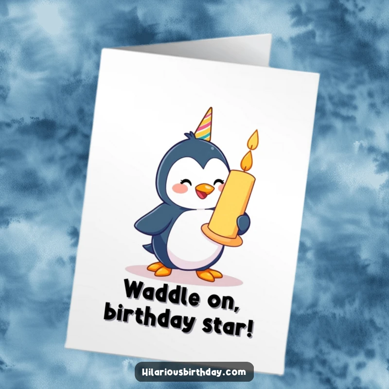 Funny Free Printable Birthday Card: A happy penguin waddles with a giant birthday candle, spreading birthday cheer.