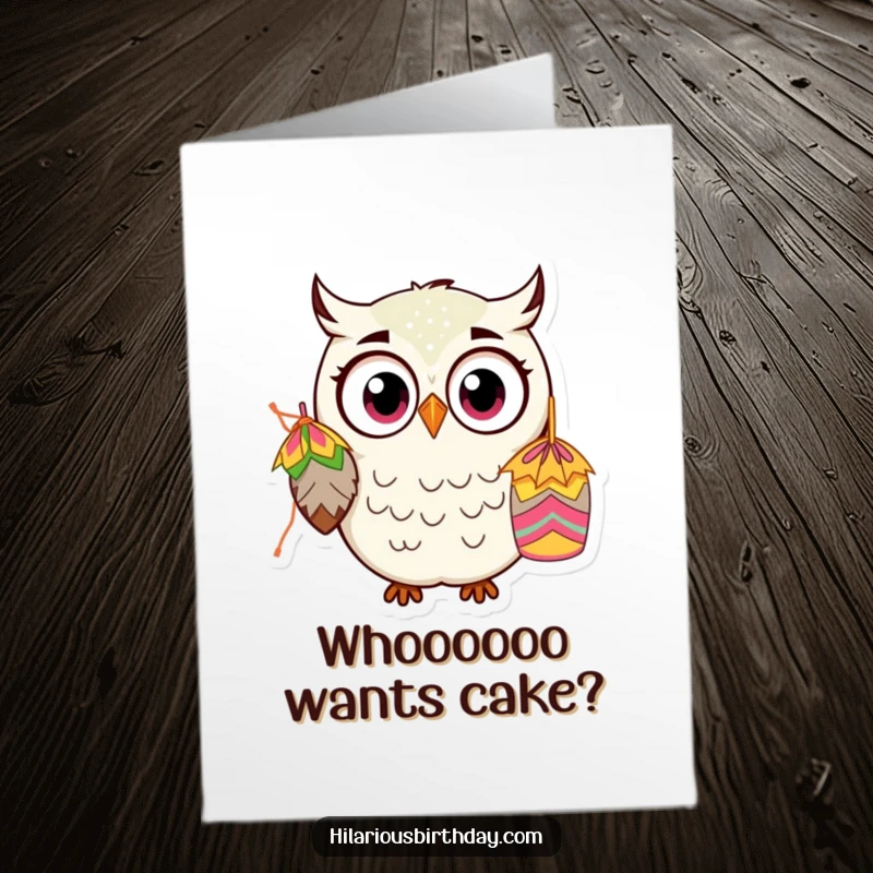Funny Free Printable Birthday Card featuring a kawaii owl with huge surprised eyes staring at a piñata.