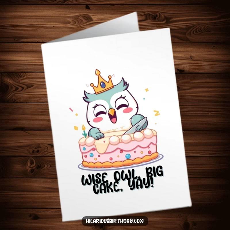 Funny Free Printable Birthday Card: Delighted owl in a crown cutting a huge cake, a fun downloadable birthday gift.