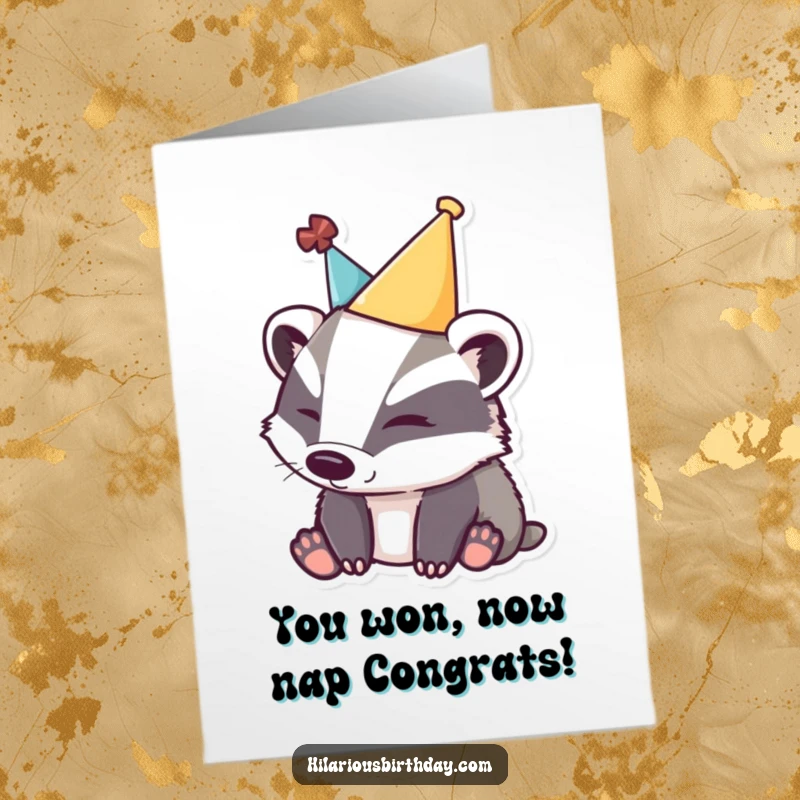 Funny Free Printable Congrats Card: A sleepy badger in a party hat subtly celebrating an achievement.