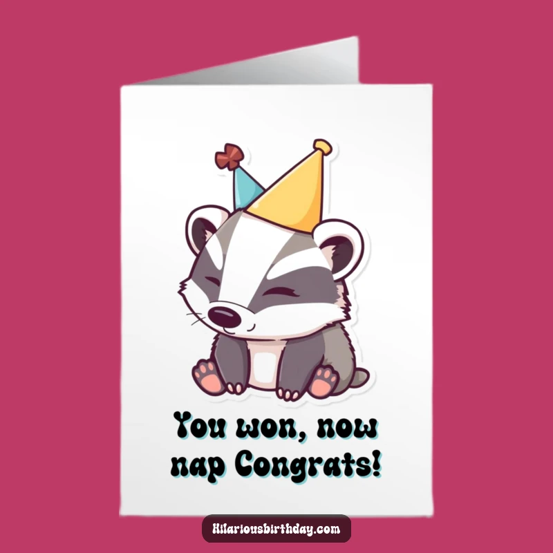 Free Printable Badger Congrats Card: Funny Sleepy Party Hat Celebration Downloadable Gift