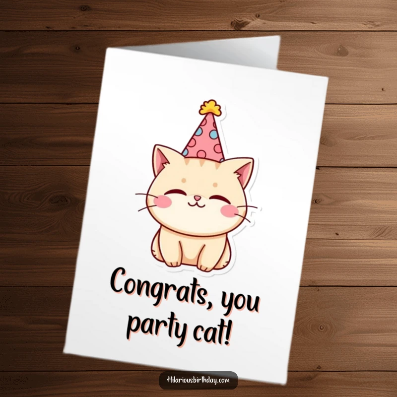 Funny Free Printable Congratulations Card: A cute kawaii cat wearing a silly hat winks playfully, celebrating achievements with style.