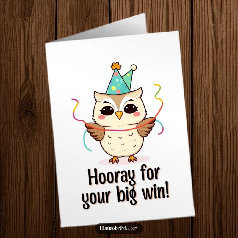 Funny Free Printable Congratulations Card featuring an ecstatic owl donning a party hat and waving streamers, full of joy.