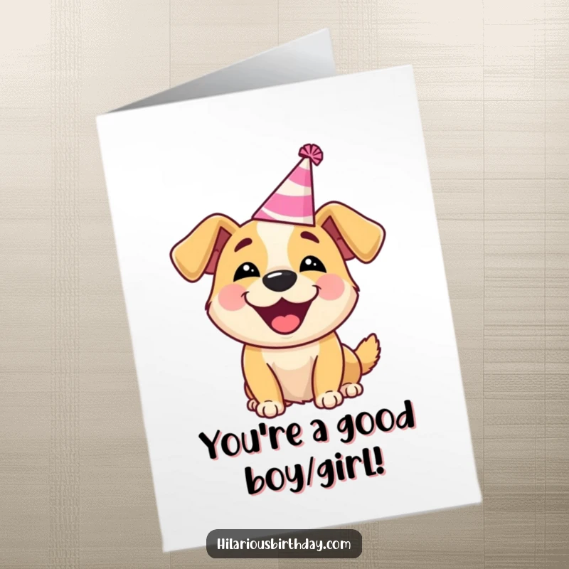 Funny Free Printable Congratulations Card: Delighted dog wearing a silly party hat, barking happily, celebrating an achievement, cartoon art.
