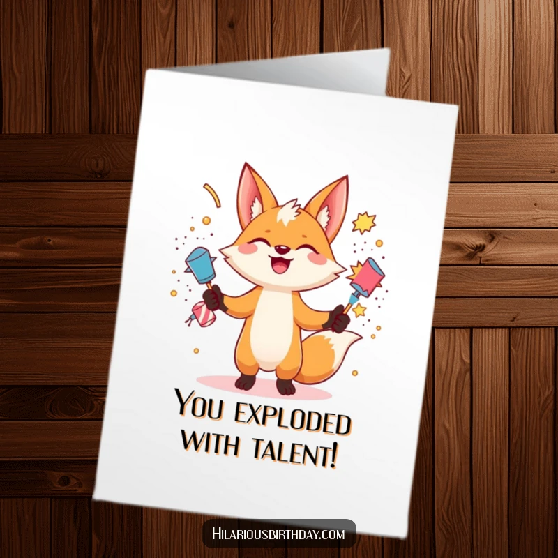 Funny Free Printable Congratulations Card: A gleeful fox juggles exploding party poppers, signifying a joyous and successful celebration.