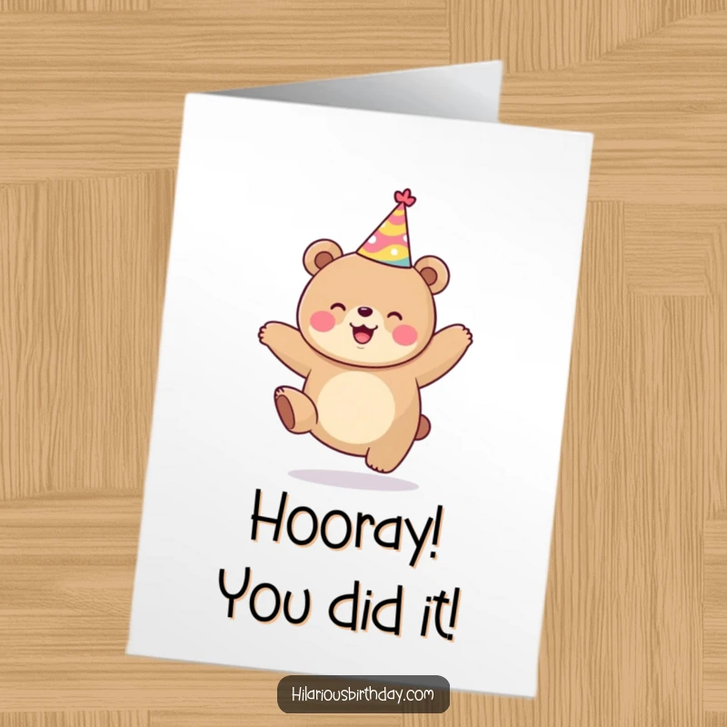 Funny Free Printable Congrats Card: A kawaii bear in a party hat leaping with excitement for your achievement.