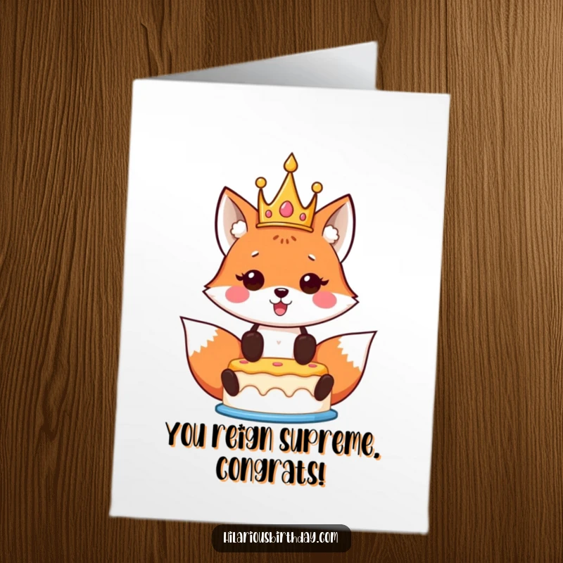Funny free printable congratulations card: A kawaii fox adorned with a crown proudly displays a delicious birthday cake aloft.