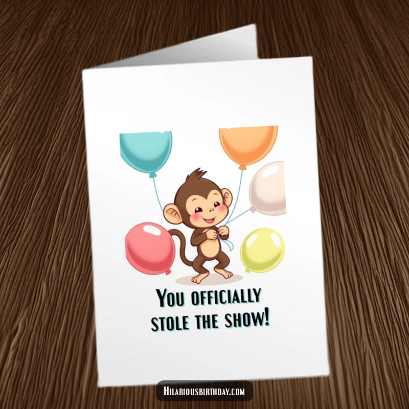 Funny Free Printable Congrats Card: A mischievous monkey hilariously trying to tie balloons together, celebrating success.