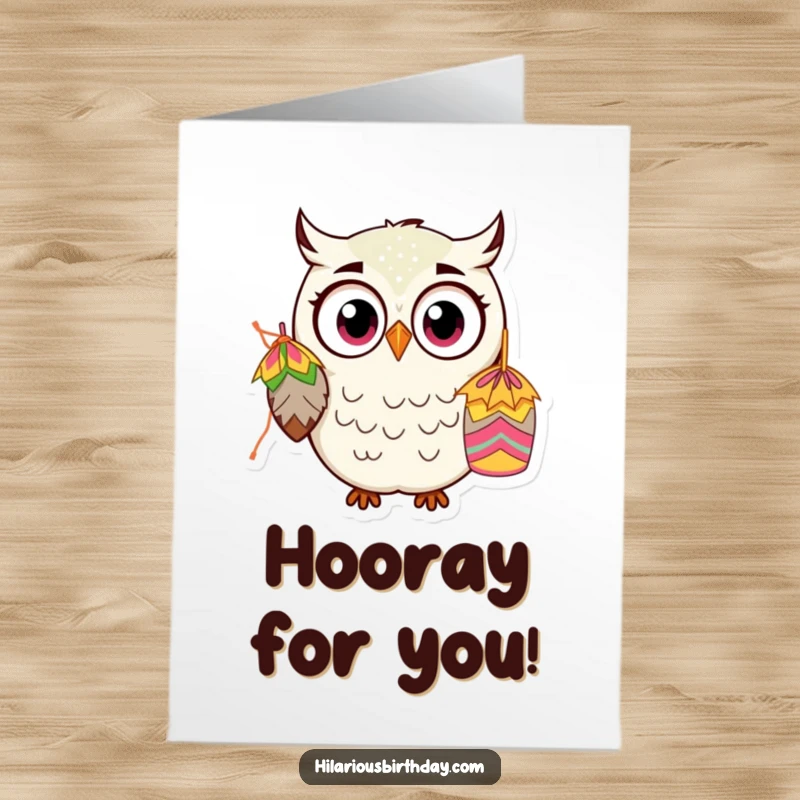 Funny Free Printable Congratulations Card showing a kawaii owl with wide, shocked eyes looking at a piñata.