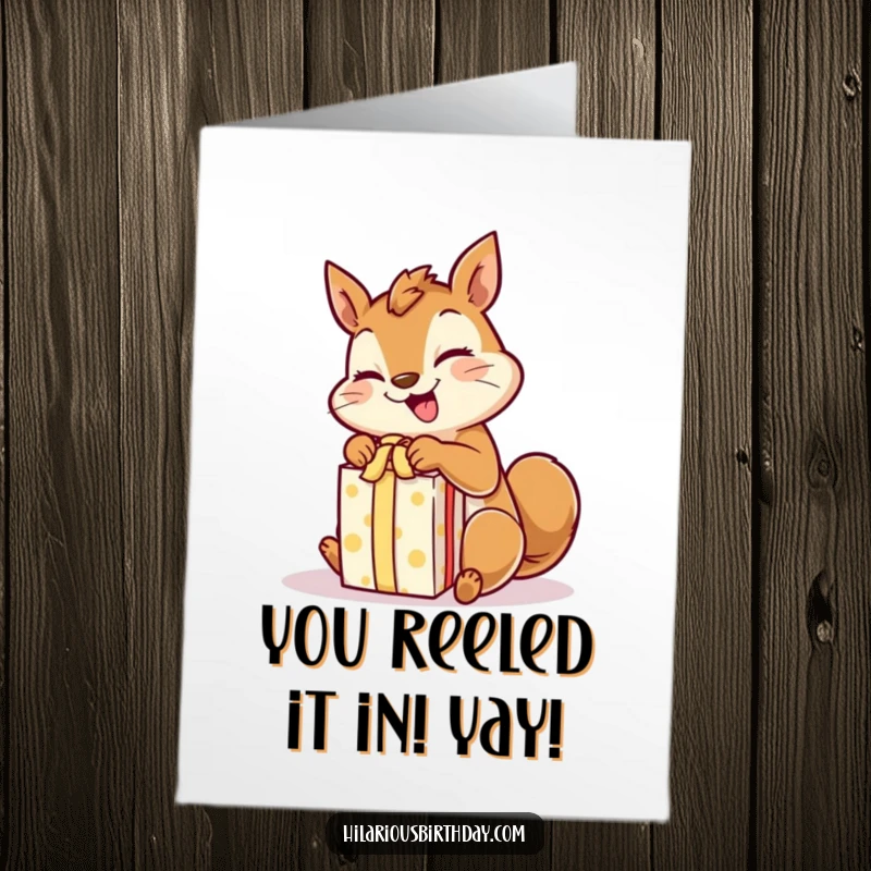 Funny Free Printable Congratulations Card: A giggling squirrel rapidly unwraps a gift with excited paws, perfect for celebrations.