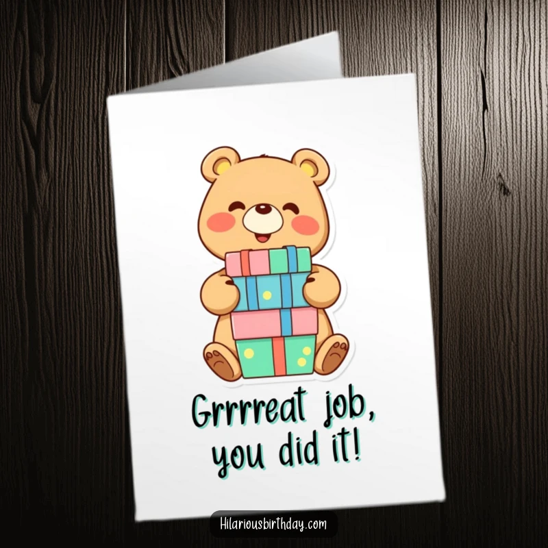 Funny Free Printable Congratulations Card: A happy bear cheerfully holding a stack of gifts, celebrating a big win.