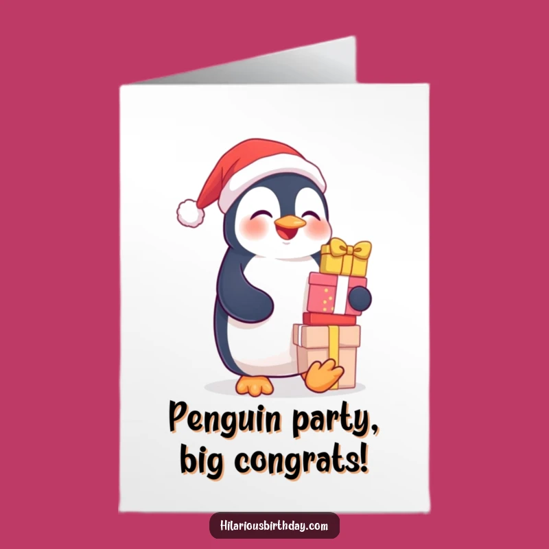 Free Printable Congrats Card: Giggling Penguin with Gifts - Funny Downloadable Message
