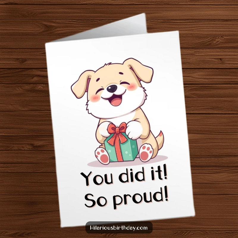 Funny Free Printable Congratulations Card: Giggling Kawaii dog overjoyed as it unwraps a gift, spreading cheer.