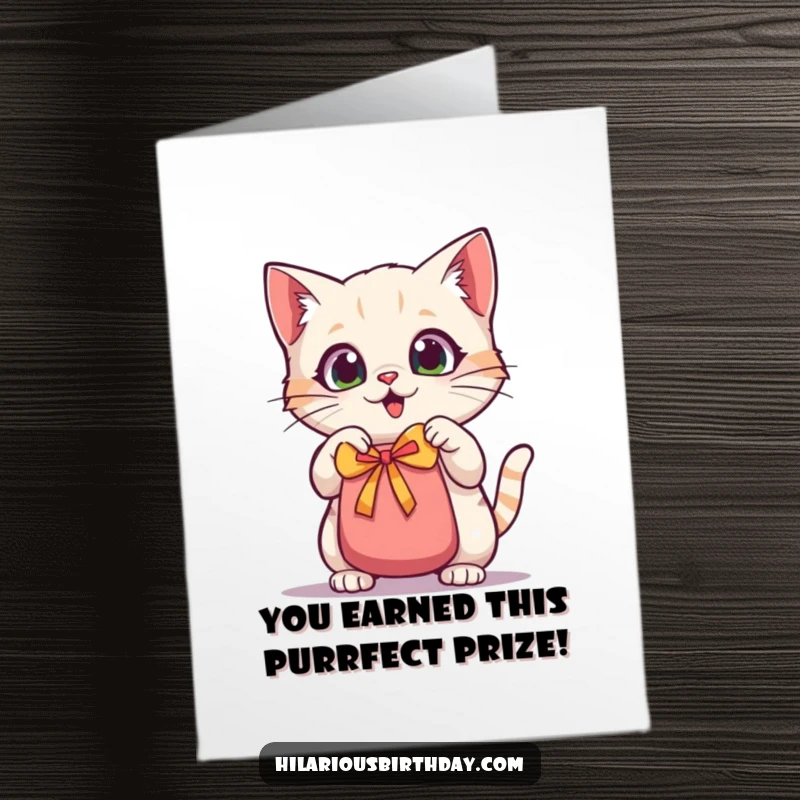 Funny Free Printable Congrats Card: Excited kawaii cat with big eyes, shaking a gift bag with anticipation.