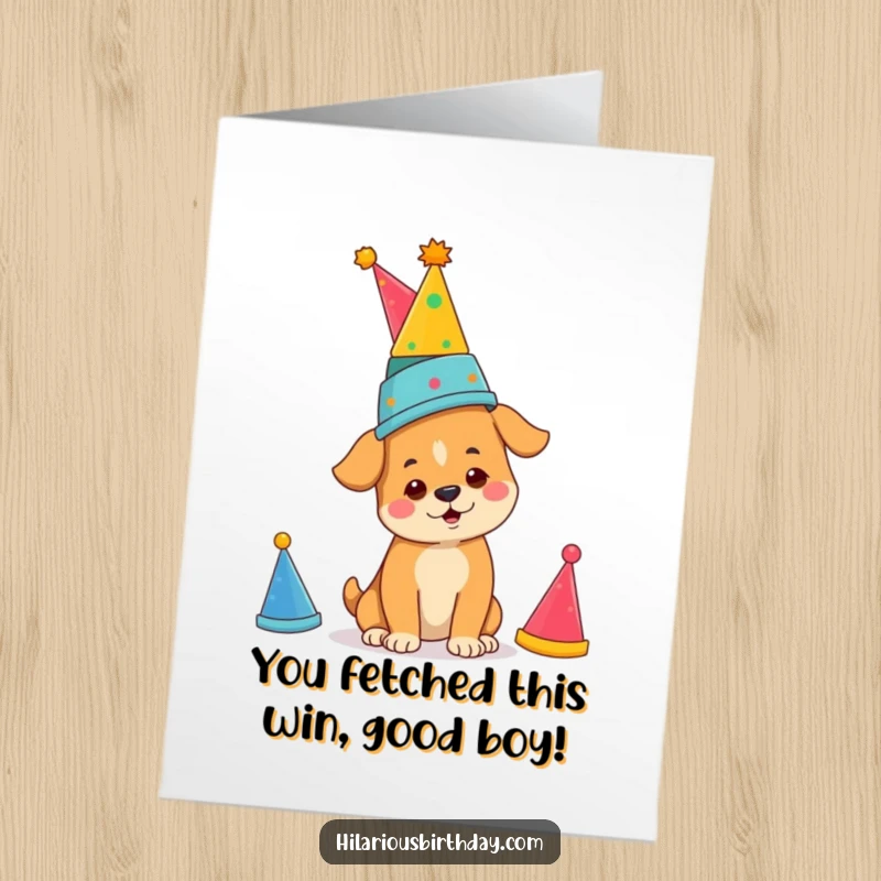 Funny Free Printable Congratulations Card with a determined dog balancing a precarious stack of festive party hats.