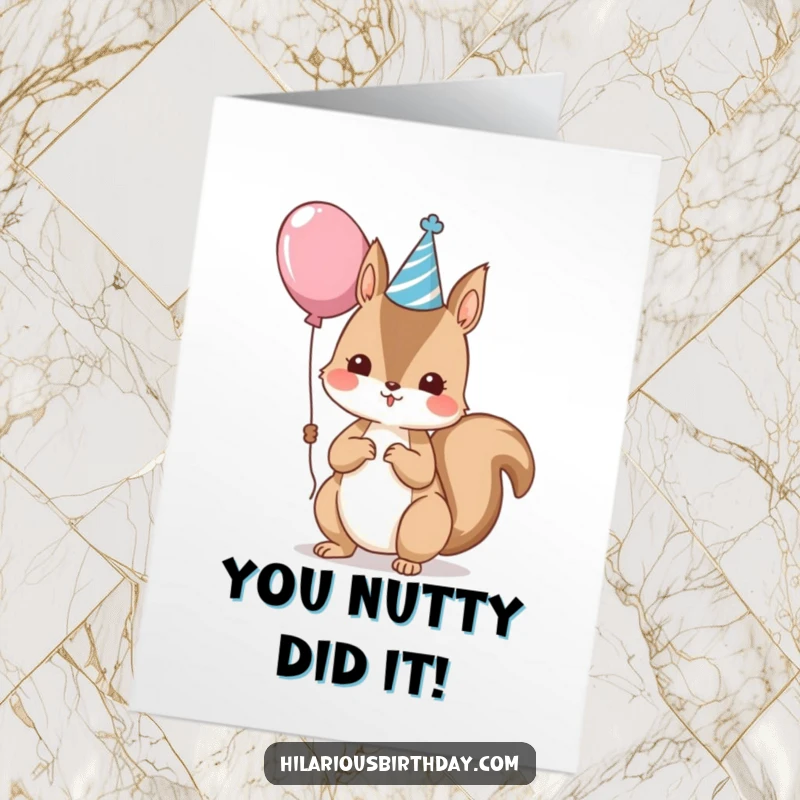 Funny Free Printable Congrats Card: A kawaii squirrel in a party hat holding a balloon to celebrate.