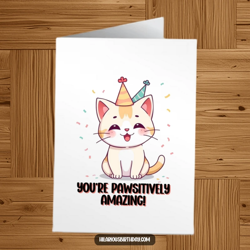Cute Free Printable Congratulations Card: A happy Kawaii cat wearing a party hat and showering confetti, celebrating success.