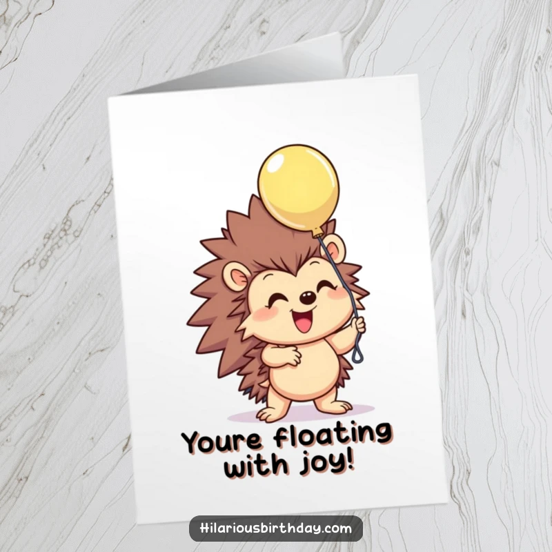 Funny Free Printable Congratulations Card: A smiling hedgehog joyfully clutches a floating balloon, celebrating a successful upliftment.
