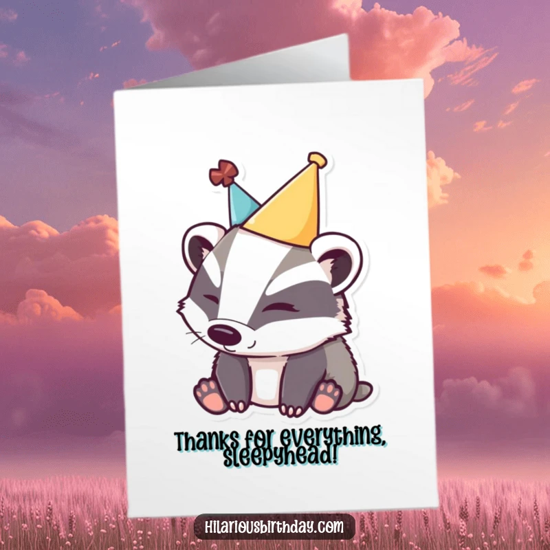 Funny Free Printable Thank You Card: A sleepy badger wearing a slightly askew party hat, conveying thanks.