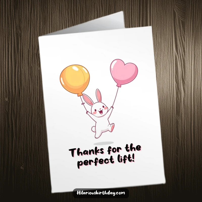 Funny Free Printable Bunny Thank You Card: A cute bunny happily reaching for a balloon, expressing thanks.