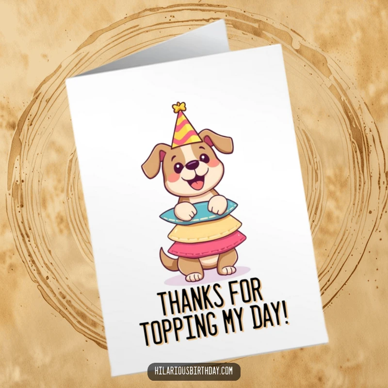 Funny Free Printable Dog Thank You Card: A cheerful dog expertly balancing a teetering pile of party hats.