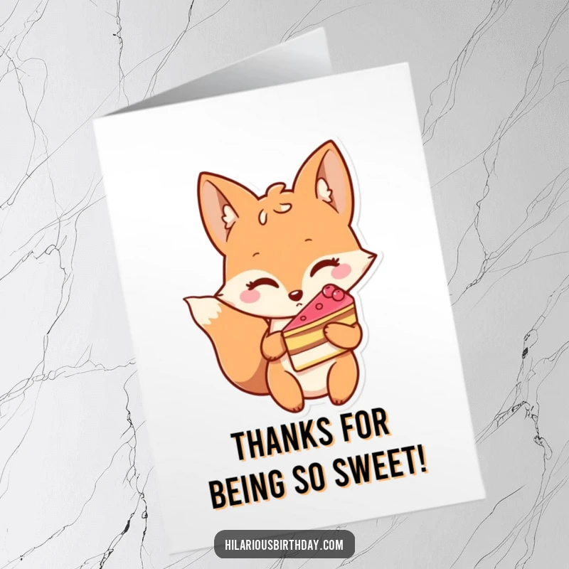 Funny Free Printable Fox Thank You Card: A winking fox holds out a delicious slice of cake in thanks.