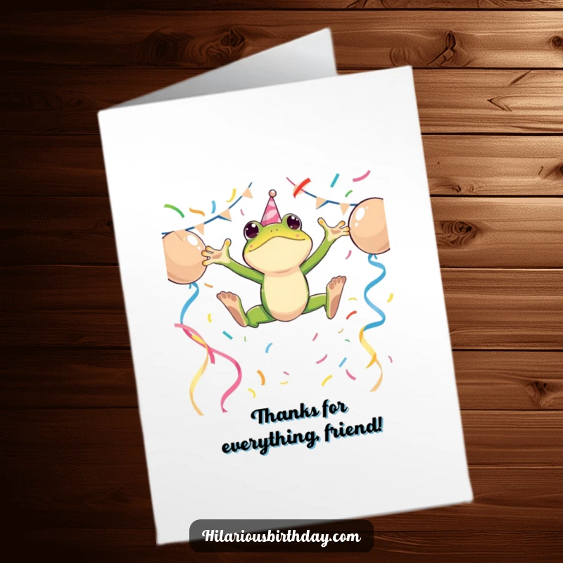 Funny Free Printable Thank You Card with an energetic frog character leaping over streamers, conveying enthusiastic gratitude.