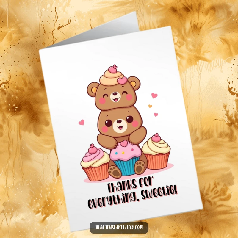 Funny free printable thank you card showing a cheerful bear stacking colorful cupcakes, a sweet way to convey thanks.