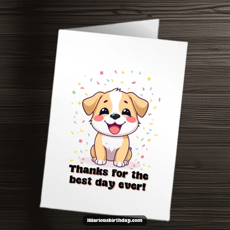 Funny free printable thank you card showcasing a happy dog enthusiastically scattering confetti, a playful way to express gratitude.