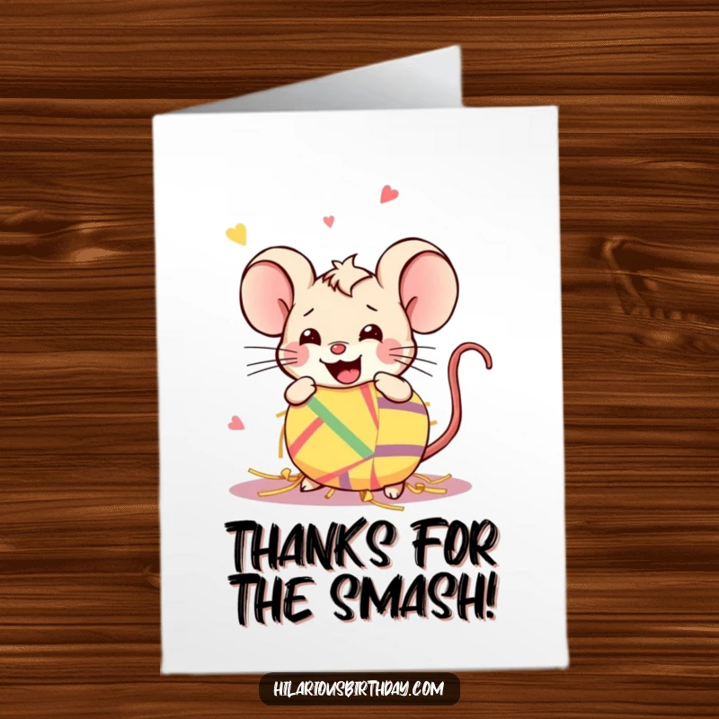 Funny Free Printable Thank You Card: Adorable Kawaii mouse joyfully smashing a piñata, spreading thanks.