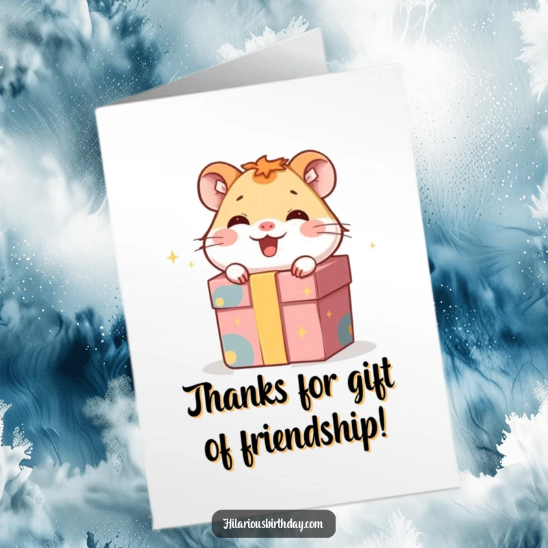 Funny Free Printable Hamster Thank You Card: A giggling hamster peeks from a gift box, sending thanks.
