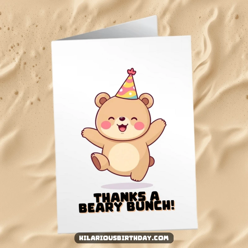 Funny Free Printable Thank You Card: Kawaii bear wearing a party hat, jumping with boundless gratitude.